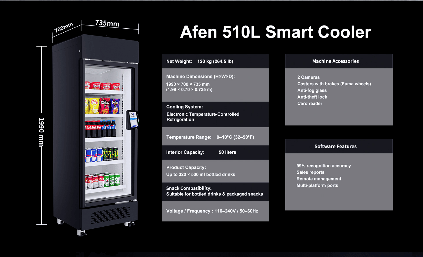 AFEN 스마트 쿨러 AI 자판기 510L 크기 및 용량 AFEN AI 자동판매기의 고밀도 저장 용량으로 컴팩트한 공간에서도 소매 투자 수익률(ROI)을 극대화합니다.